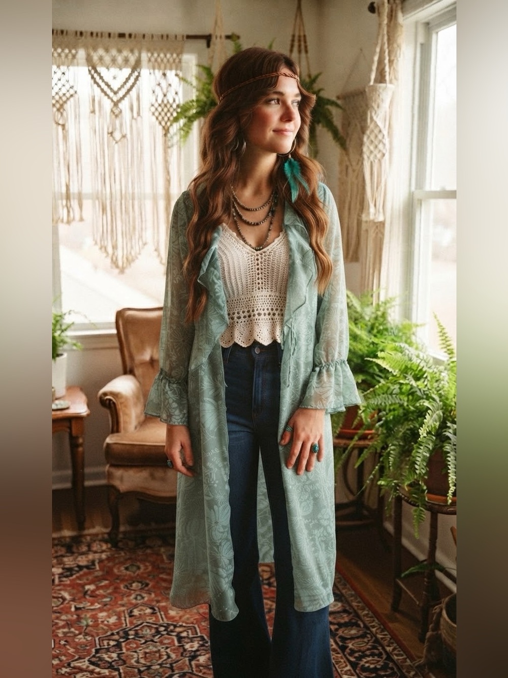 Wild Fable Women's Sheer Ruffle Duster Jacket in an aqua green floral Size M